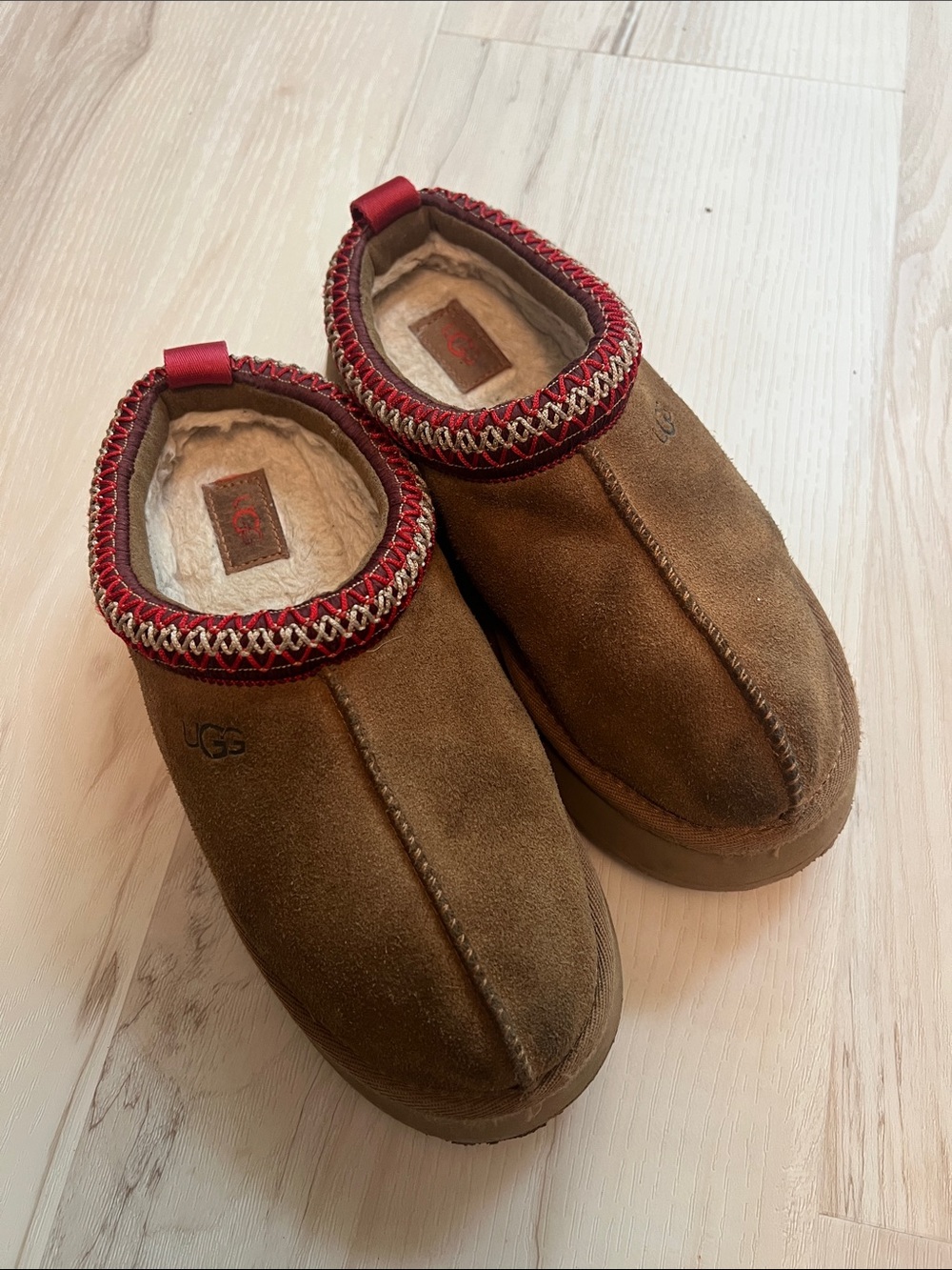 UGG Women Chestnut Suede Slip-On Slippers with Red Trim